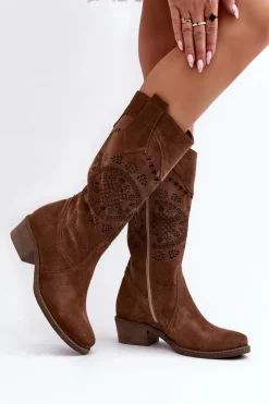 Zazoo Kozaki Wiosenne|Kozaki Ażurowe*4043 Zamszowe Kozaki Na Niskim Obcasie Ażurowe Brązowe