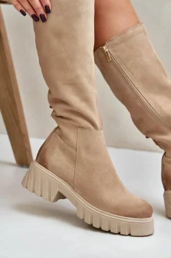Zazoo Kozaki Ocieplane|Kozaki Przed Kolano*70145 Zamszowe Kozaki Przed Kolano Ocieplane Beżowe