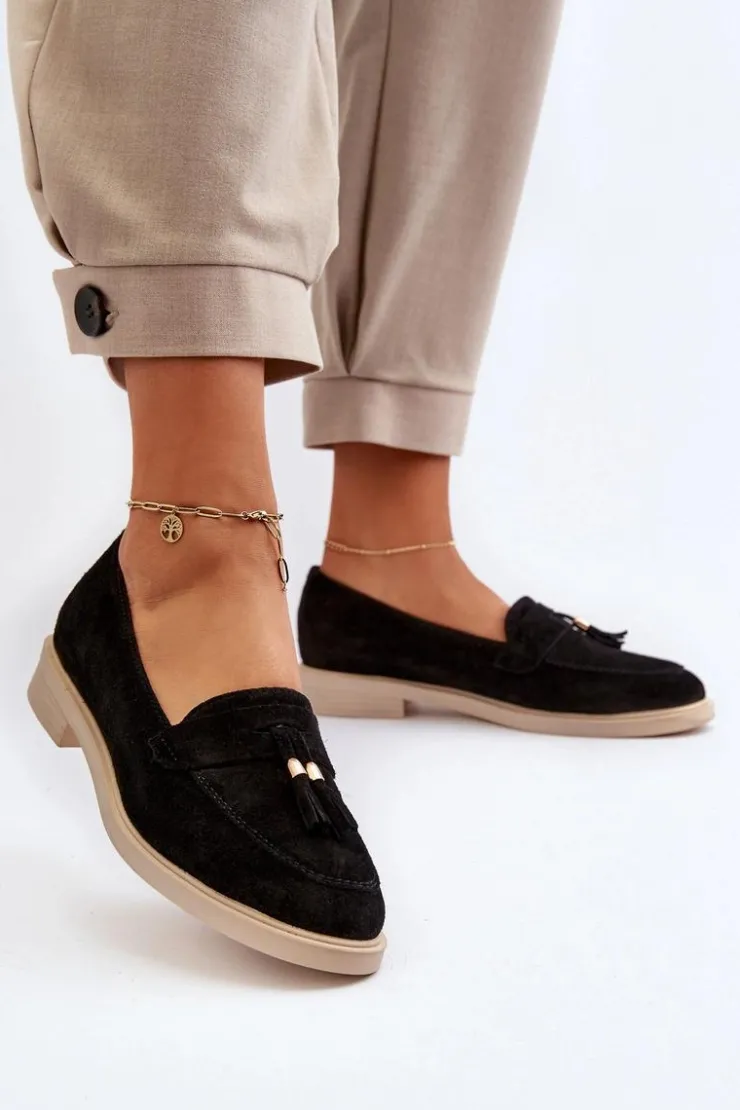 Damskie Zazoo 3420 Zamszowe Mokasyny Damskie Na Płaskim Obcasie Czarne