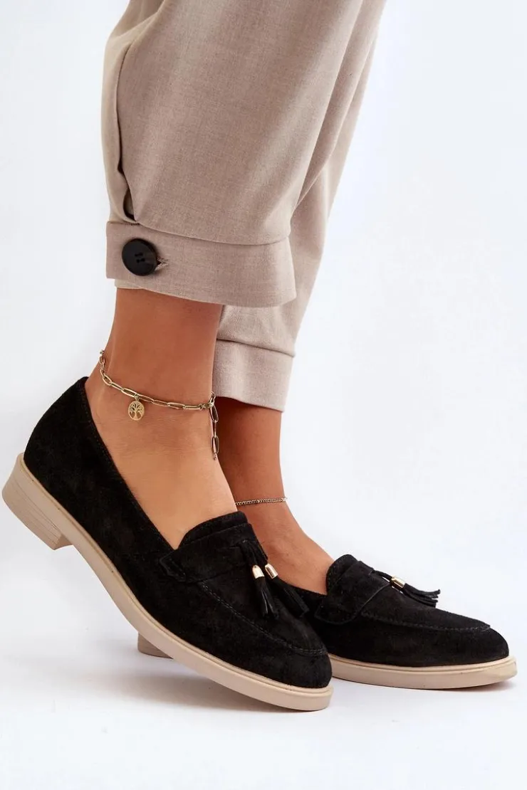 Damskie Zazoo 3420 Zamszowe Mokasyny Damskie Na Płaskim Obcasie Czarne