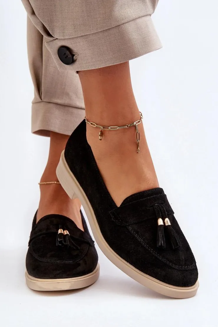 Damskie Zazoo 3420 Zamszowe Mokasyny Damskie Na Płaskim Obcasie Czarne