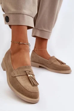 Outlet Zazoo 3420 Zamszowe Mokasyny Damskie Na Płaskim Obcasie Beżowe Beżowy