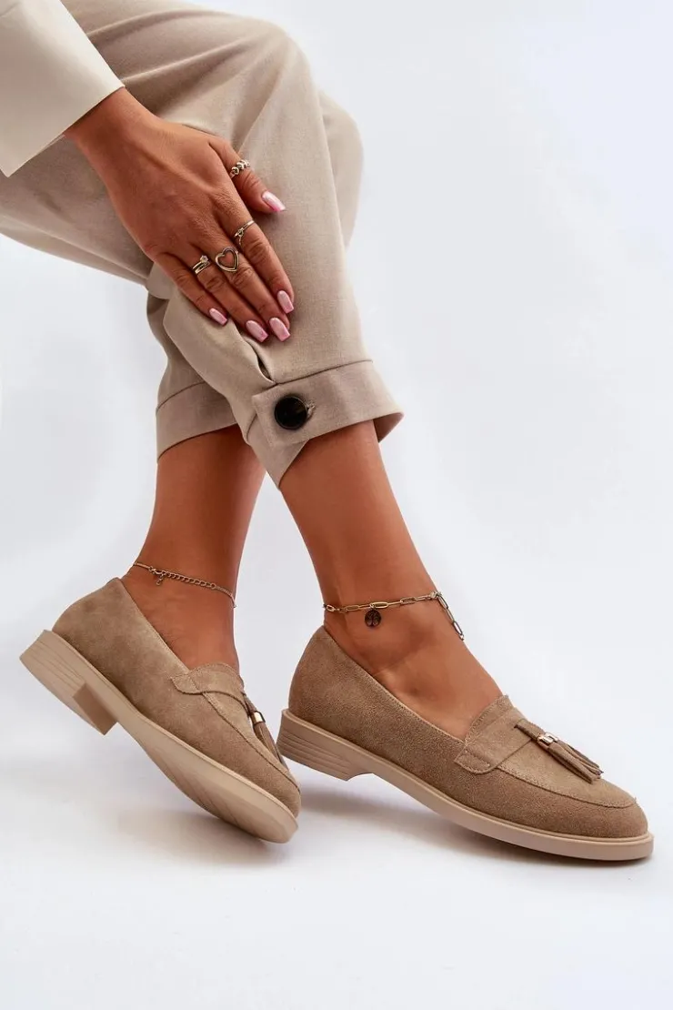 Outlet Zazoo 3420 Zamszowe Mokasyny Damskie Na Płaskim Obcasie Beżowe Beżowy