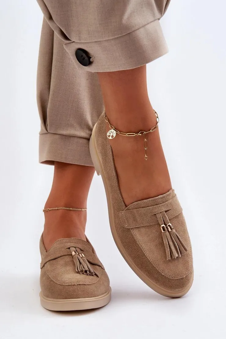 Outlet Zazoo 3420 Zamszowe Mokasyny Damskie Na Płaskim Obcasie Beżowe Beżowy