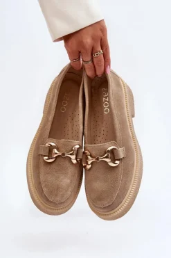 Best Zazoo 3429 Zamszowe Mokasyny Damskie Z Ozdobą Beżowe Beżowy