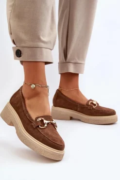 Zazoo Loafersy Damskie|Mokasyny Płaskie*3429 Zamszowe Mokasyny Damskie Z Ozdobą Brązowe Brązowy