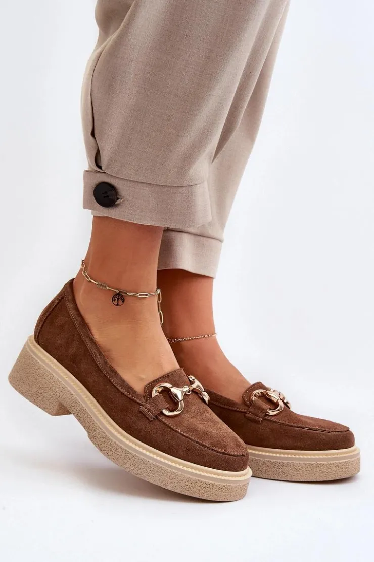 Zazoo Loafersy Damskie|Mokasyny Płaskie*3429 Zamszowe Mokasyny Damskie Z Ozdobą Brązowe Brązowy