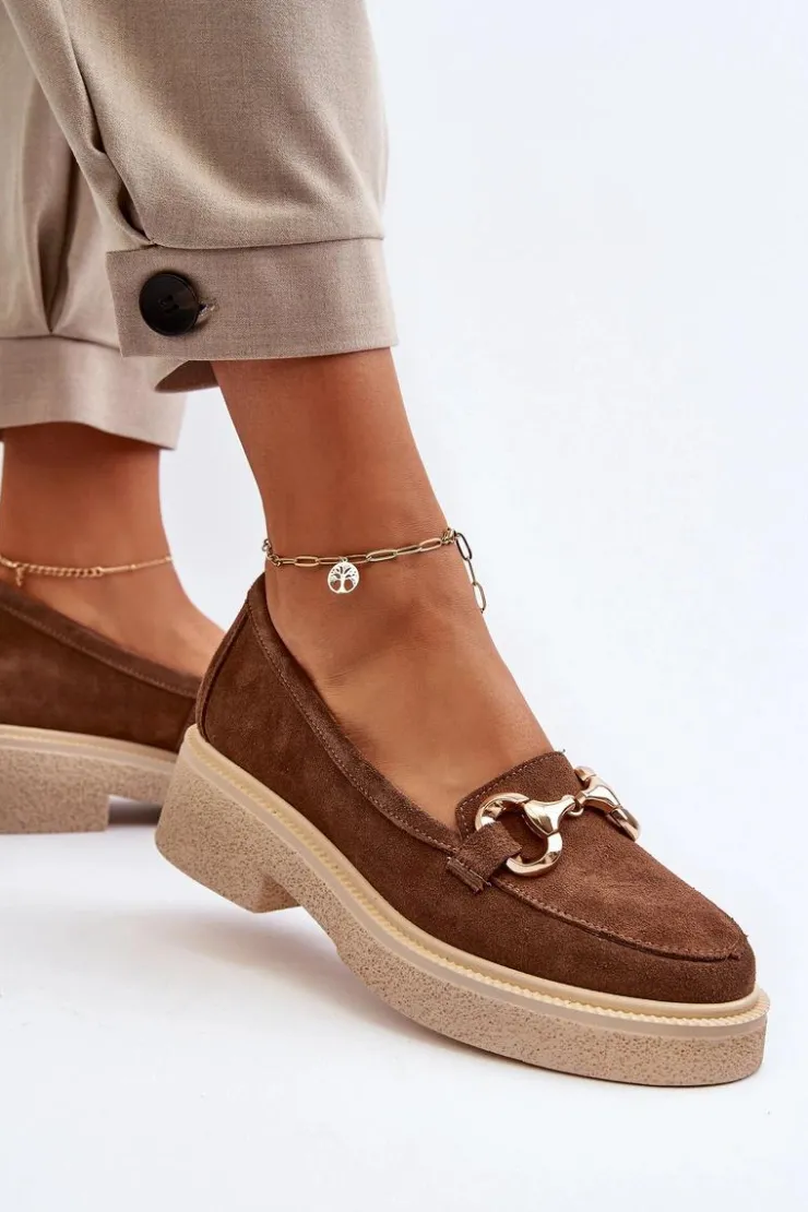 Zazoo Loafersy Damskie|Mokasyny Płaskie*3429 Zamszowe Mokasyny Damskie Z Ozdobą Brązowe Brązowy