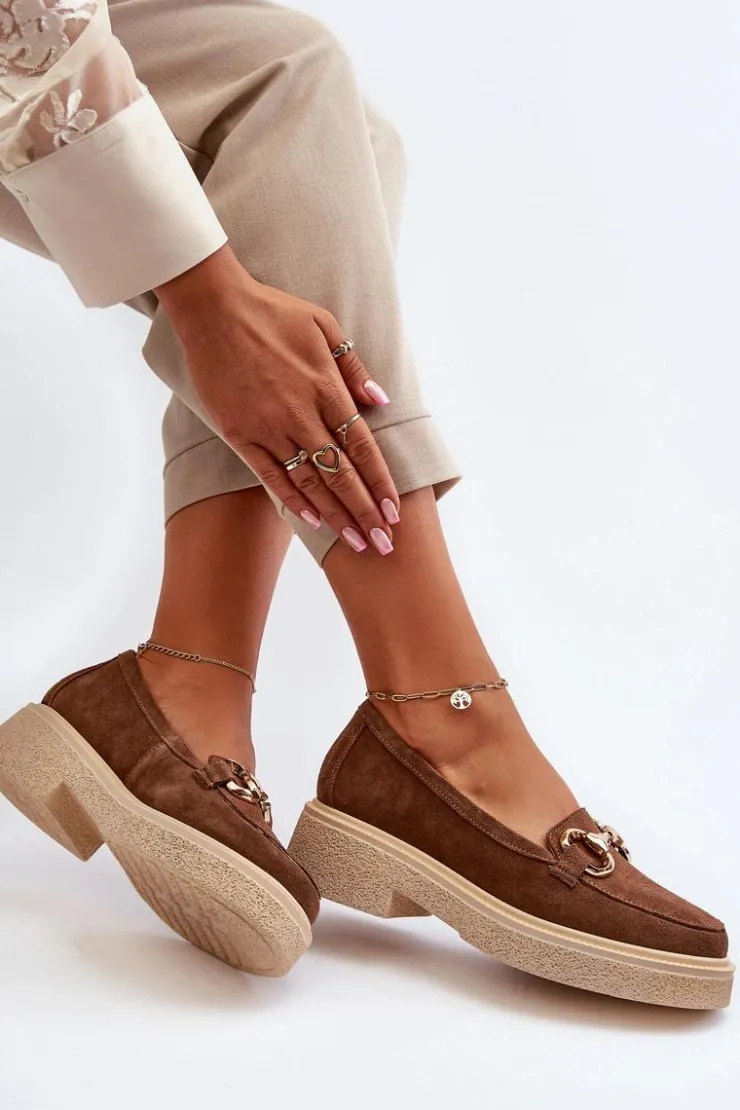 Zazoo Loafersy Damskie|Mokasyny Płaskie*3429 Zamszowe Mokasyny Damskie Z Ozdobą Brązowe Brązowy