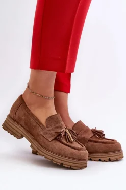 Damskie Zazoo 3469 Zamszowe Mokasyny Damskie Z Frędzlami Brązowe