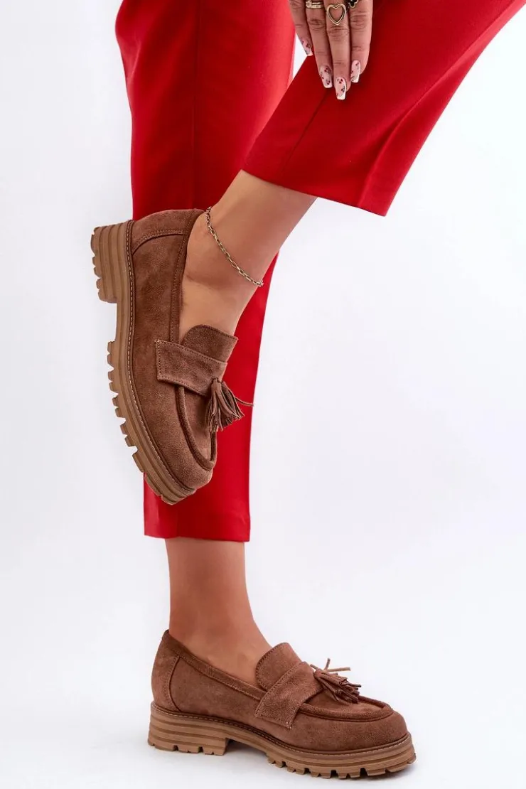 Damskie Zazoo 3469 Zamszowe Mokasyny Damskie Z Frędzlami Brązowe