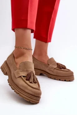 Zazoo Loafersy Damskie|Mokasyny Płaskie*3469 Zamszowe Mokasyny Damskie Z Frędzlami Beżowe Beżowy