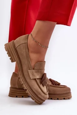 Zazoo Loafersy Damskie|Mokasyny Płaskie*3469 Zamszowe Mokasyny Damskie Z Frędzlami Beżowe Beżowy