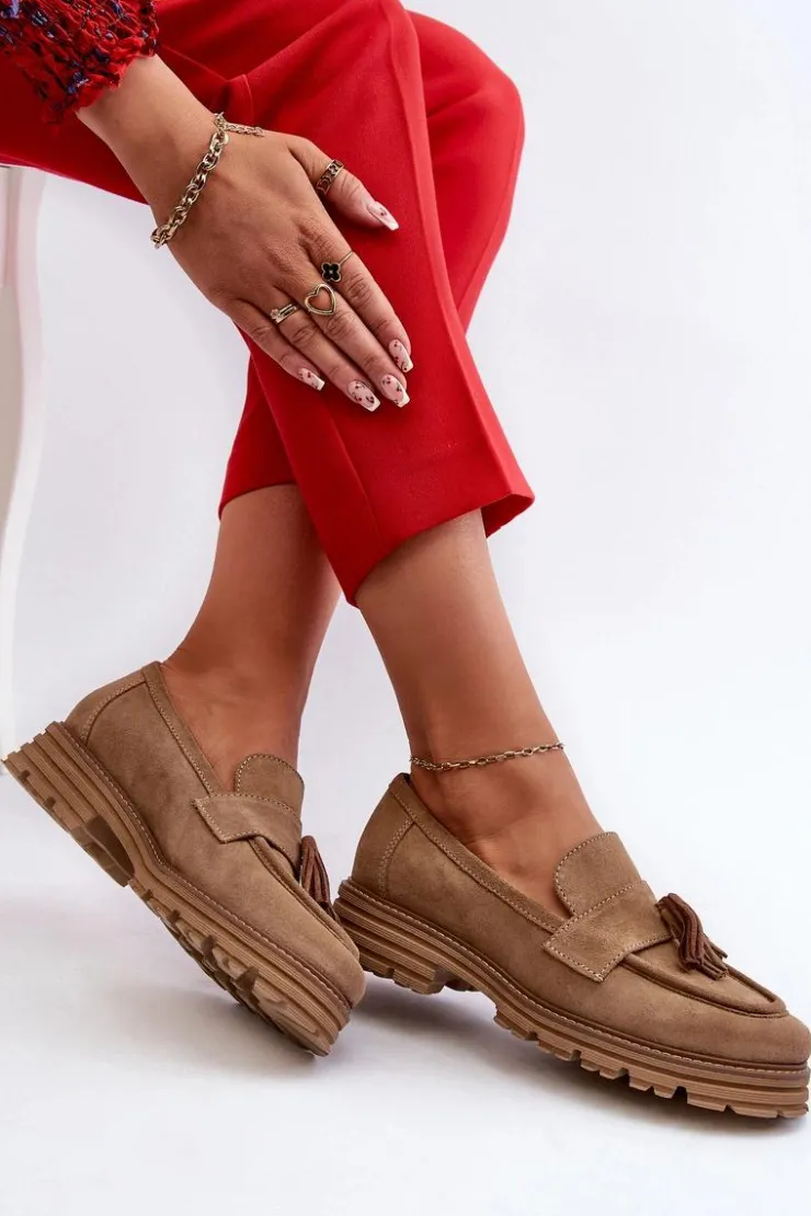 Zazoo Loafersy Damskie|Mokasyny Płaskie*3469 Zamszowe Mokasyny Damskie Z Frędzlami Beżowe Beżowy