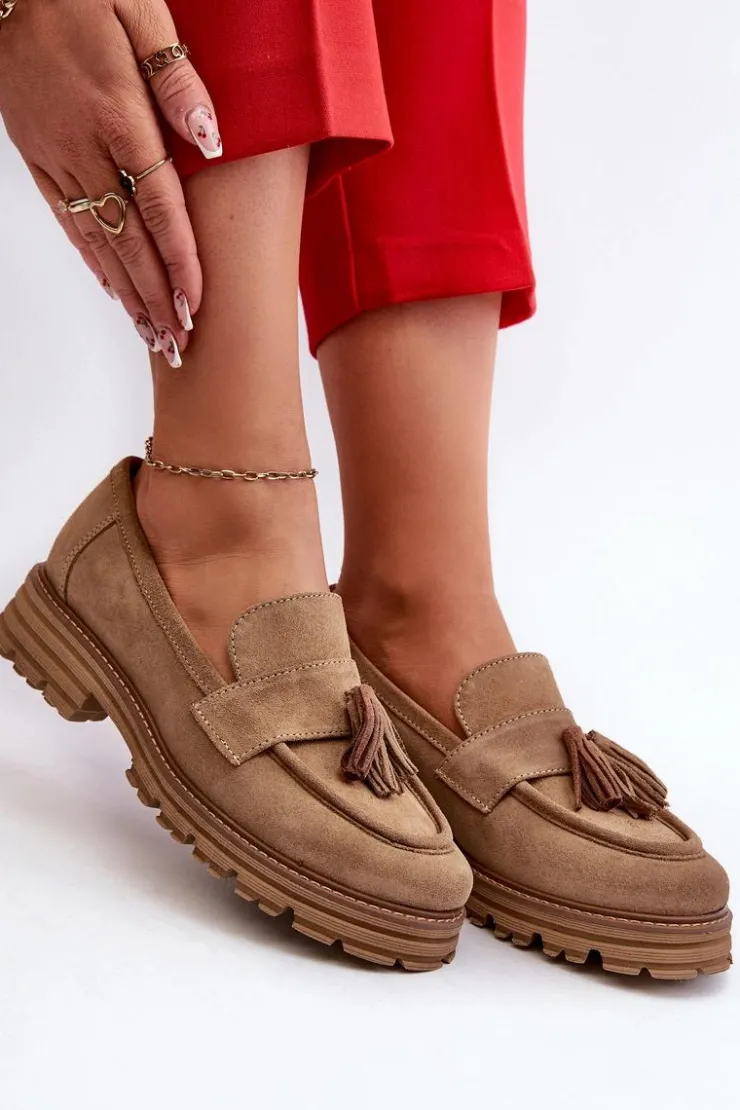 Zazoo Loafersy Damskie|Mokasyny Płaskie*3469 Zamszowe Mokasyny Damskie Z Frędzlami Beżowe Beżowy
