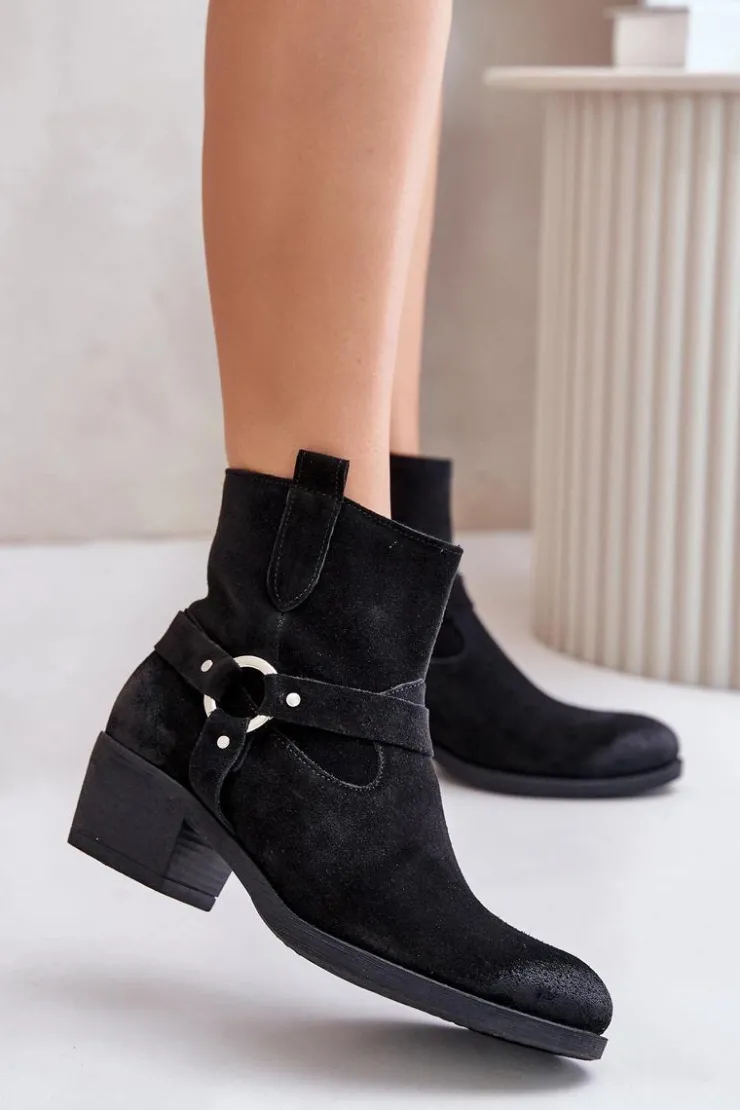 Clearance Zazoo 60477 Zamszowe Ocieplane Botki Na Obcasie Czarne Czarny