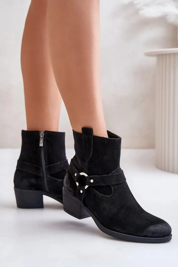 Clearance Zazoo 60477 Zamszowe Ocieplane Botki Na Obcasie Czarne Czarny