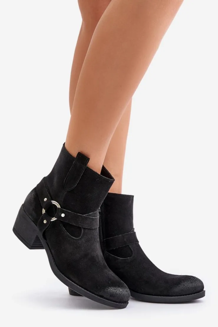Clearance Zazoo 60477 Zamszowe Ocieplane Botki Na Obcasie Czarne Czarny