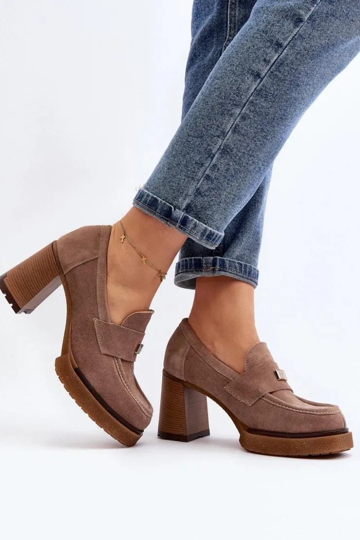 Damskie Zazoo 20169 Zamszowe Półbuty Na Obcasie Ciemnobeżowe