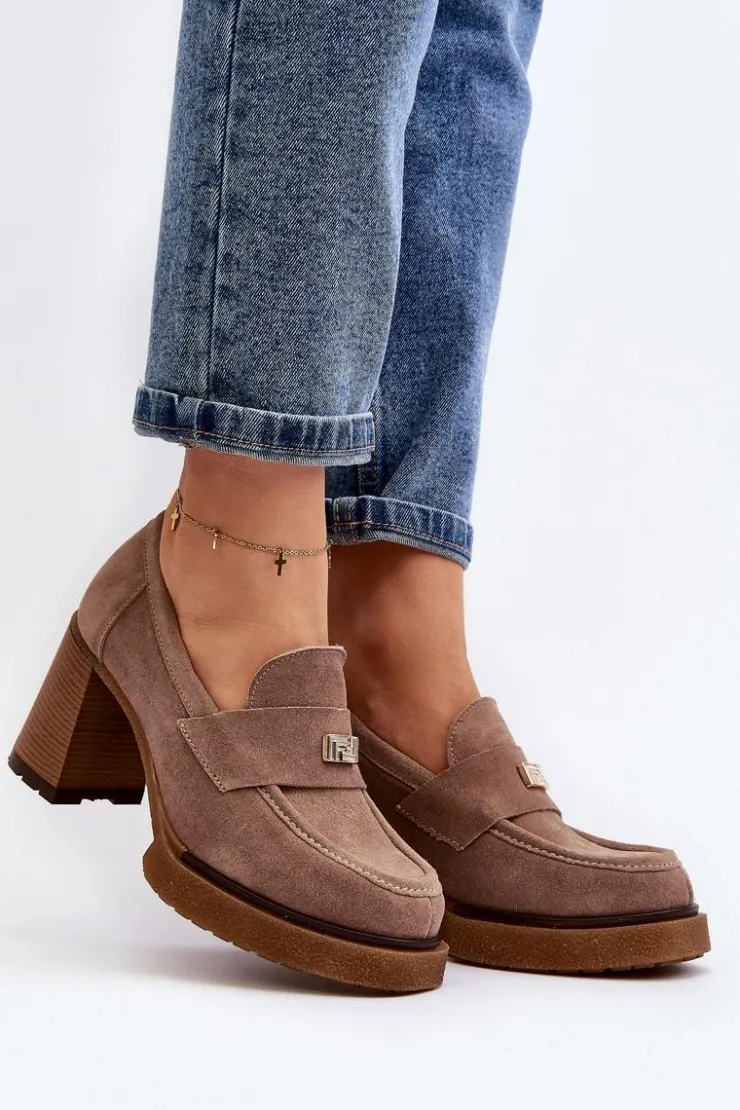 Damskie Zazoo 20169 Zamszowe Półbuty Na Obcasie Ciemnobeżowe