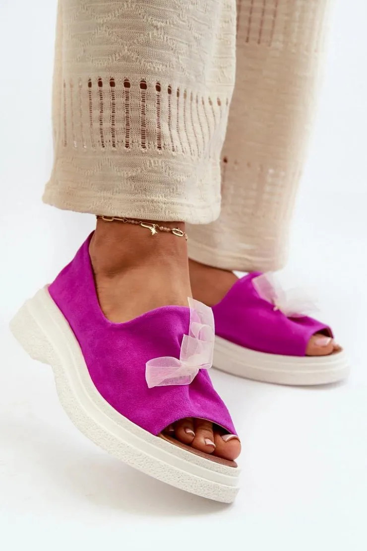 Damskie Zazoo 2939 Zamszowe Sandały Damskie Z Kokardką Fuksja