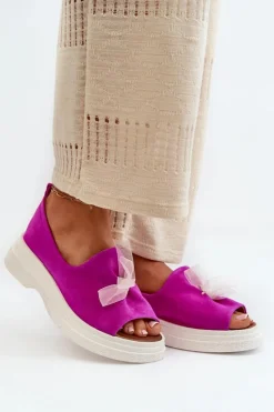 Damskie Zazoo 2939 Zamszowe Sandały Damskie Z Kokardką Fuksja