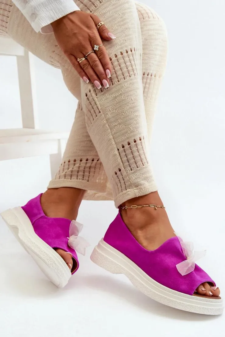 Damskie Zazoo 2939 Zamszowe Sandały Damskie Z Kokardką Fuksja