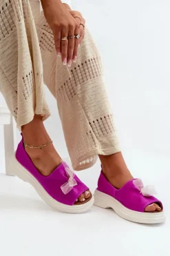 Damskie Zazoo 2939 Zamszowe Sandały Damskie Z Kokardką Fuksja