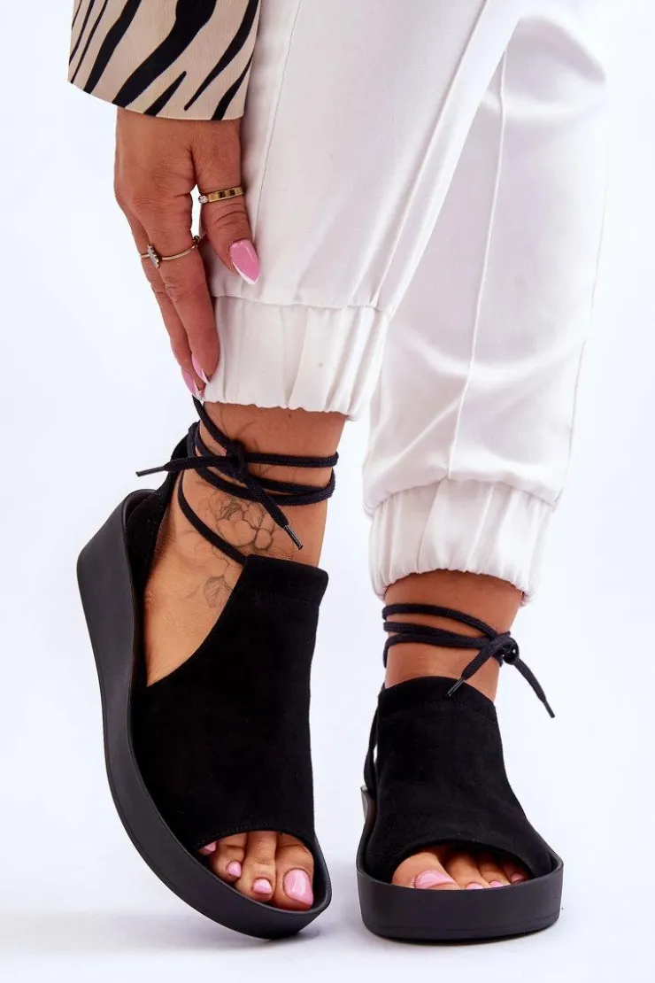 Damskie Zazoo 2743 Zamszowe Sandały Na Koturnie Czarne