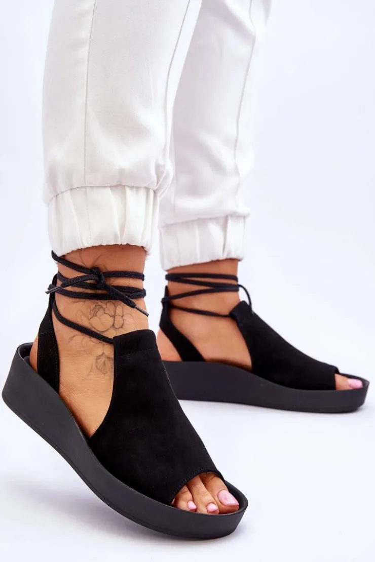 Damskie Zazoo 2743 Zamszowe Sandały Na Koturnie Czarne