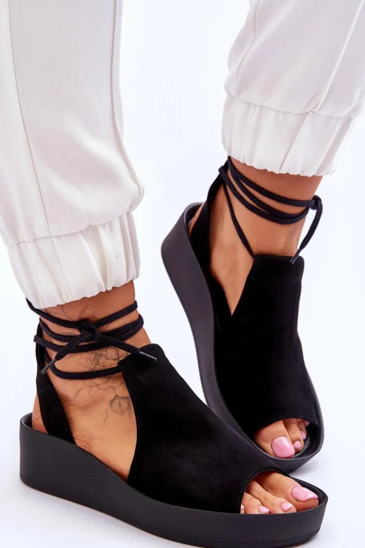 Damskie Zazoo 2743 Zamszowe Sandały Na Koturnie Czarne