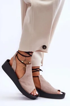 Damskie Zazoo 2743 Zamszowe Sandały Na Koturnie Beżowe