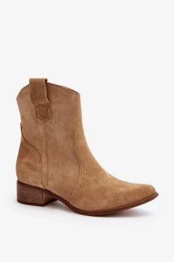 Zazoo Botki Wiosenne|Botki Na Słupku*3305/2/G Damskie Zamszowe Botki Kowbojki Na Niskim Obcasie Beżowe