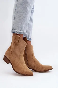 Zazoo Botki Wiosenne|Botki Na Słupku*3305/2/G Damskie Zamszowe Botki Kowbojki Na Niskim Obcasie Beżowe