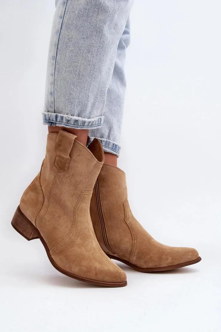Zazoo Botki Wiosenne|Botki Na Słupku*3305/2/G Damskie Zamszowe Botki Kowbojki Na Niskim Obcasie Beżowe