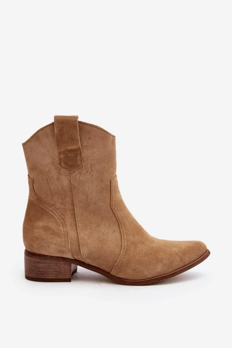 Zazoo Botki Wiosenne|Botki Na Słupku*3305/2/G Damskie Zamszowe Botki Kowbojki Na Niskim Obcasie Beżowe