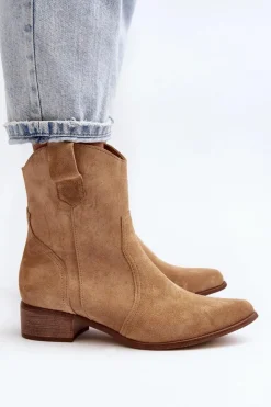 Zazoo Botki Wiosenne|Botki Na Słupku*3305/2/G Damskie Zamszowe Botki Kowbojki Na Niskim Obcasie Beżowe
