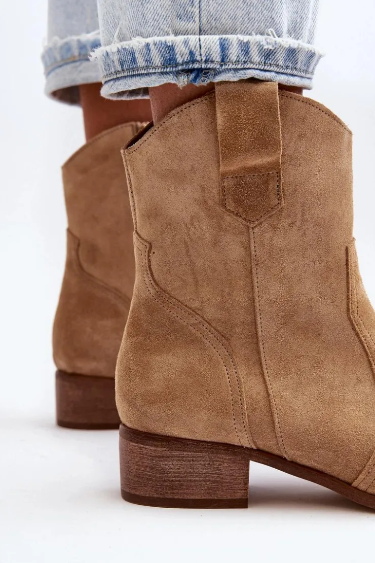 Zazoo Botki Wiosenne|Botki Na Słupku*3305/2/G Damskie Zamszowe Botki Kowbojki Na Niskim Obcasie Beżowe