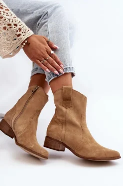 Zazoo Botki Wiosenne|Botki Na Słupku*3305/2/G Damskie Zamszowe Botki Kowbojki Na Niskim Obcasie Beżowe