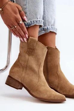 Zazoo Botki Wiosenne|Botki Na Słupku*3305/2/G Damskie Zamszowe Botki Kowbojki Na Niskim Obcasie Beżowe
