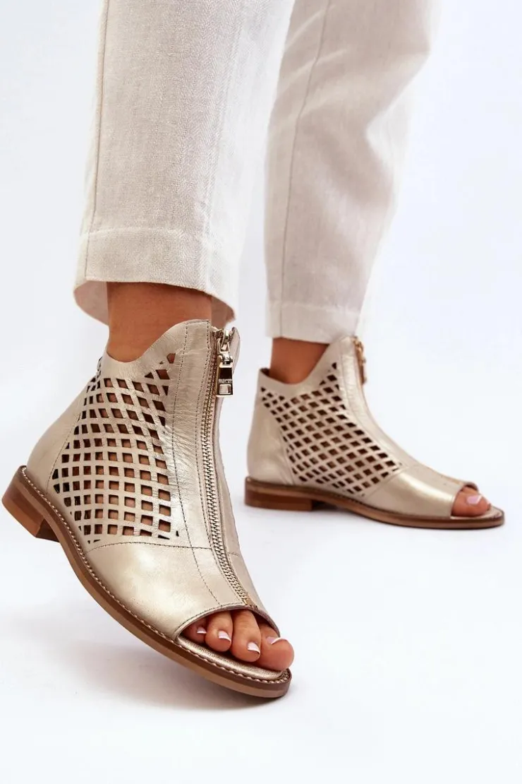 Damskie Zazoo 977/L Skórzane Ażurowe Sandały Na Zamek Złote