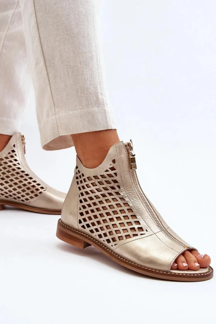 Damskie Zazoo 977/L Skórzane Ażurowe Sandały Na Zamek Złote