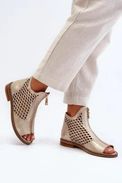 Damskie Zazoo 977/L Skórzane Ażurowe Sandały Na Zamek Złote