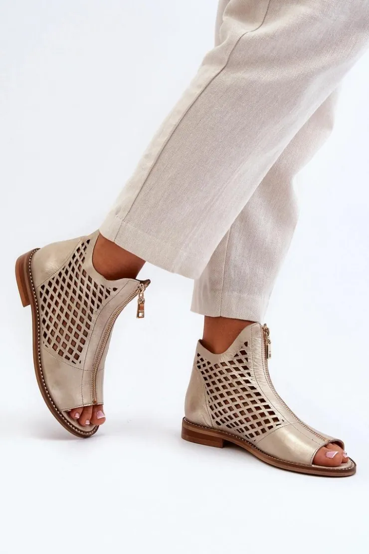 Damskie Zazoo 977/L Skórzane Ażurowe Sandały Na Zamek Złote