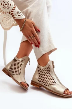 Damskie Zazoo 977/L Skórzane Ażurowe Sandały Na Zamek Złote