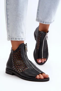 Zazoo Sandały Ażurowe|Sandały Płaskie*977/L Skórzane Ażurowe Sandały Na Zamek Czarne Czarny