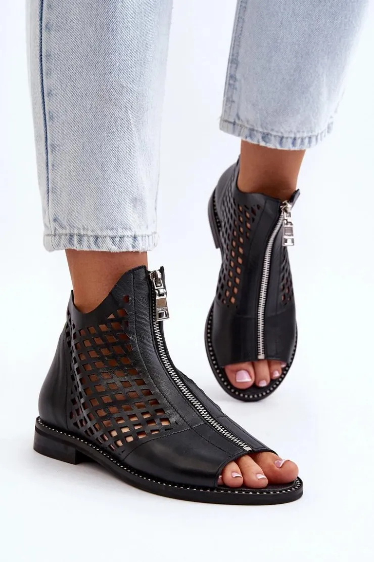 Zazoo Sandały Ażurowe|Sandały Płaskie*977/L Skórzane Ażurowe Sandały Na Zamek Czarne Czarny