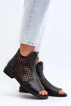 Zazoo Sandały Ażurowe|Sandały Płaskie*977/L Skórzane Ażurowe Sandały Na Zamek Czarne Czarny