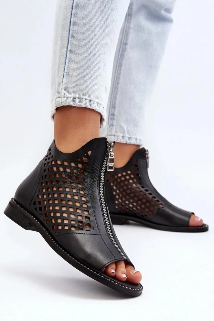 Zazoo Sandały Ażurowe|Sandały Płaskie*977/L Skórzane Ażurowe Sandały Na Zamek Czarne Czarny