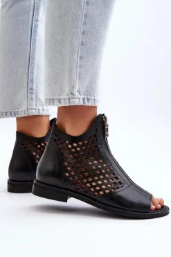 Zazoo Sandały Ażurowe|Sandały Płaskie*977/L Skórzane Ażurowe Sandały Na Zamek Czarne Czarny